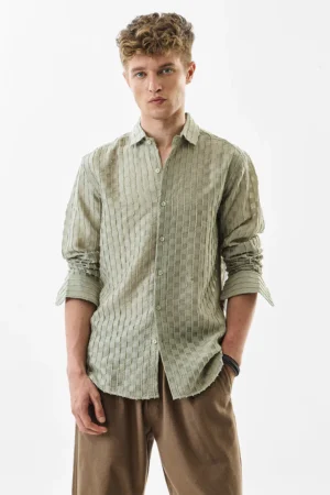 Slim Fit Stripe Light Green Shirt