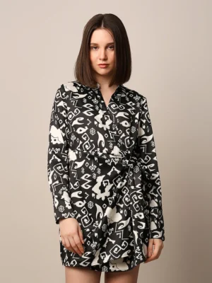 Black Printed Satin Wrap Dress