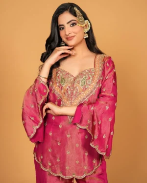 Rani Pink Designer Simar Silk Embroidered Sharara Set With Dupatta For Women