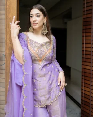 Lavender Designer Simar Silk Embroidered Sharara Set With Dupatta For Women