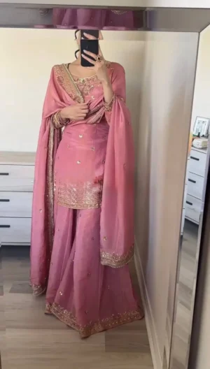 Dusty Rose Pink Designer Chinon Silk Party Wear Top ,Palazzo Set With Dupatta For Women
