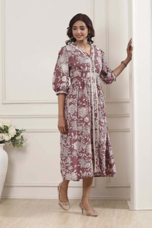 Nude-Colored Cotton Printed Flared A-Line Dress