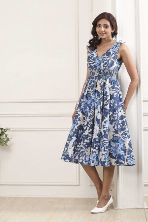 Blue Cotton Printed Kalidar Flared Dress