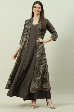 Charcoal Art Silk with Cape Printed Dress
