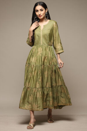 Green Cotton Blend Tiered Printed Dress