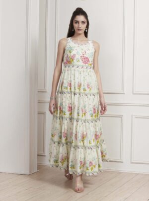 Off-White Cotton Printed Tiered Dress