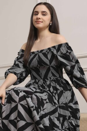 Black Cotton Printed Tiered Dress